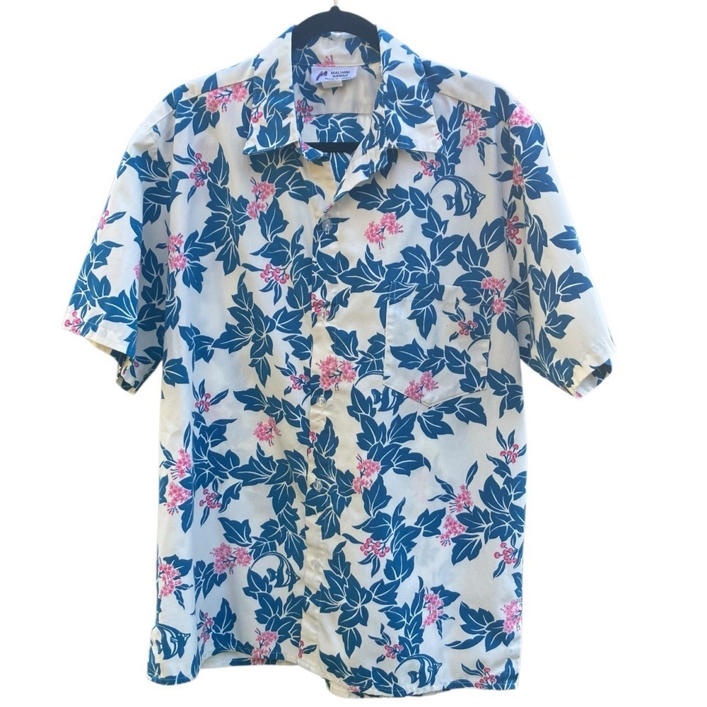 Malihini Hawaii Mens Shirt Large White Blue Pink Floral Hawaiian Aloha Button Up